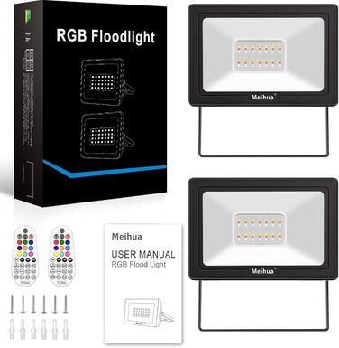 Світлодіодний RGB прожектор MEIHUA 25W, 2 шт, IP66, з пультом, 10 кольорів, 12 режимів, діммер, таймер, для вулиці та приміщення, пам’ять налаштувань, для саду, дерева, ландшафту
