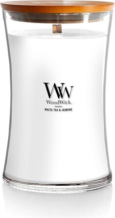 Велика ароматична свічка WoodWick у скляній колбі-пісочному годиннику з дерев'яним гнотом, аромат Льон, до 130 годин горіння