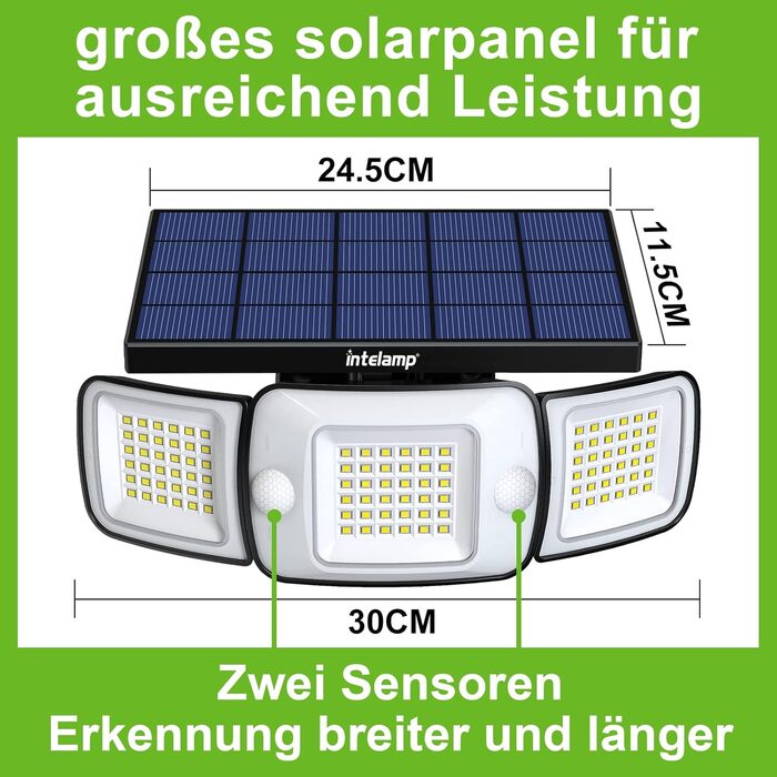 Сонячна лампа INTELAMP для вулиці з датчиком руху, 6000 мА·год, 108 LED, водонепроникна IP65, для тераси, гаража, подвір'я