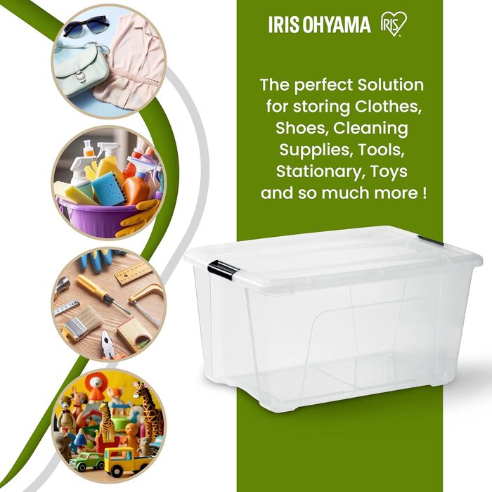 Пластикова коробка для зберігання Iris Ohyama TB-45 з кришкою, 45 л, прозора, набір 6 шт., із ручками та засувками, для одягу, дому, гаража, офісу, міцна, стійка до навантажень, штабельована