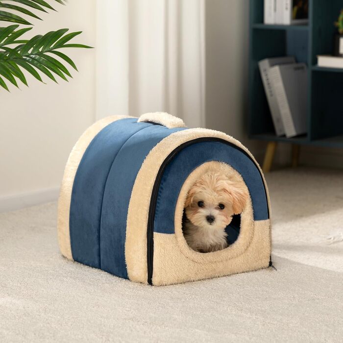 Hollypet Ліжко для котів і маленьких собак 2-в-1, складане плюшеве ліжко для домашніх тварин, м'яке та затишне гніздо для котів і собак, для дому та вулиці, темно-синє