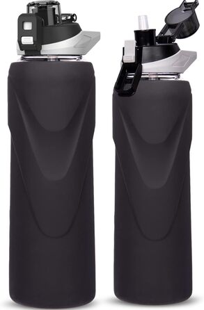 Скляна пляшка для води 1 л з трубочкою, боросилікатне скло, BPA-free, з силіконовим чохлом, чорна