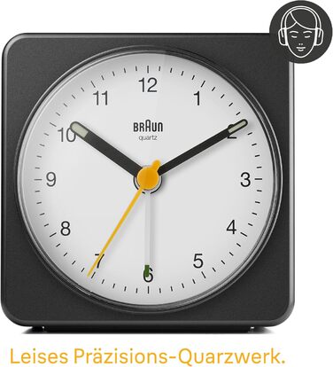 Braun класичний аналоговий будильник з підсвіткою та функцією дрімоти, безшумний кварцовий механізм, поступове збільшення гучності сигналу, чорний/білий, модель BC03BW