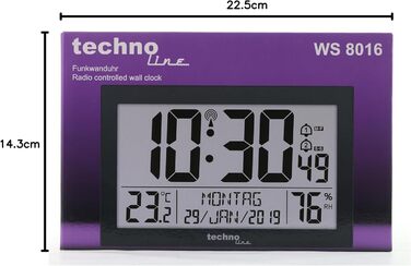 Сучасний цифровий настінний годинник Technoline WS 8016 з радіокеруванням, термометром, білий пластиковий корпус, 225x143x24 мм