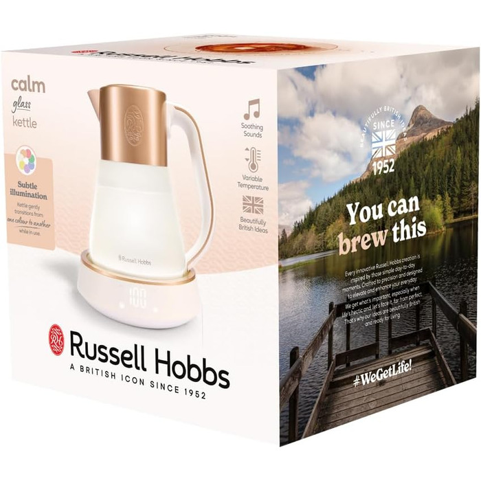 Електричний чайник Russell Hobbs зі скла 1,7 л з регулюванням температури 40-100°C, LED-підсвіткою, тихою технологією кип'ятіння, функцією підтримки тепла, цифровим дисплеєм, сенсорним управлінням, 2400 Вт, модель Calm 27450-70