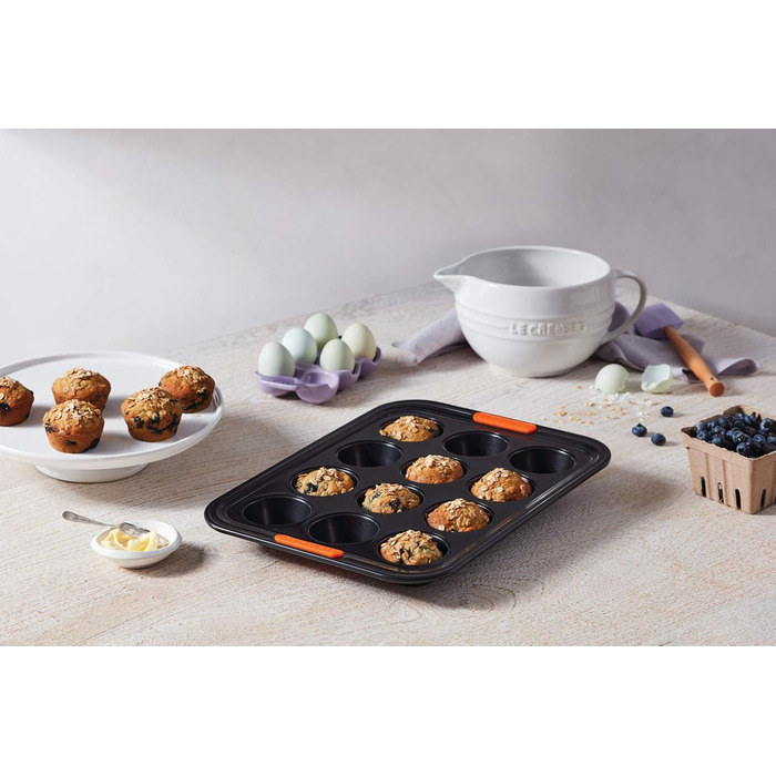 Форма для мафінів Le Creuset на 12 шт, антипригарна, з вуглецевої сталі, стійка до закваски, антрацит/помаранчева