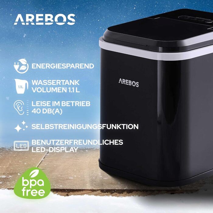 Льодогенератор Arebos 12 кг/24 год, R600a, 1,1 л, самочистка, тихий, з лопаткою та контейнером, чорний, 8 кубиків за 10 хв, льодогенератор зі скляним вікном