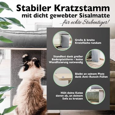 Nemmy Преміум кігтеточка для котів, мала, беж, широка стійка, котяче ліжко з подушкою, для великих котів, сучасний дизайн, натуральне дерево (береза/темно-сірий)