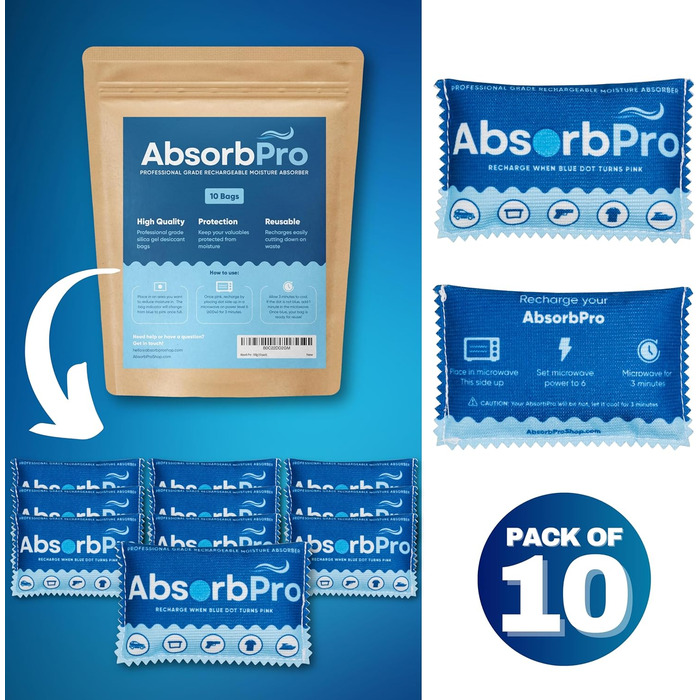 Absorb Pro Перезаряджаємий мішечок-осушувач повітря, 10 шт, 100 г, багаторазові абсорбери вологи з силікагелем для сміттєвих баків, сумок, сейфів для зброї, зберігання продуктів