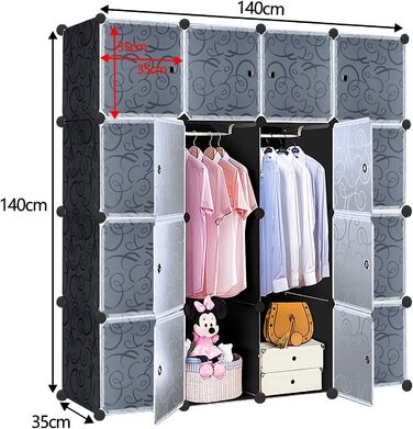 Шафа для взуття та одягу DIY, модульний органайзер 16 секцій, 111x37x147 см, чорний з дверцятами, для взуття, одягу, іграшок і книг