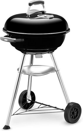 Вугільний гриль Weber Compact Kettle 47 см, порцелянове покриття, на тринозі з колесами, хромована решітка, чорний
