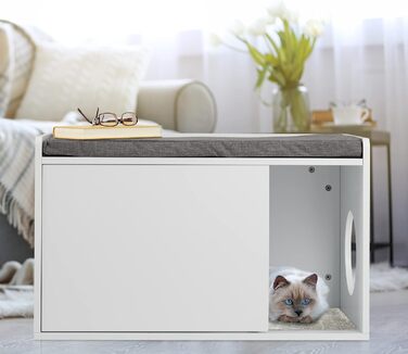 Котячий шафа Relaxdays 2в1 з сидінням, комод і лавка для котячого туалету, біло-сіра, 45,5x75x43 см