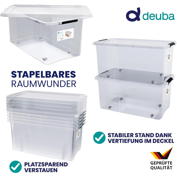Набір контейнерів Deuba 6×60л з кришкою і колесами, прозорі пластикові, BPA-free, для офісу, гаража, пральні, штабельовані