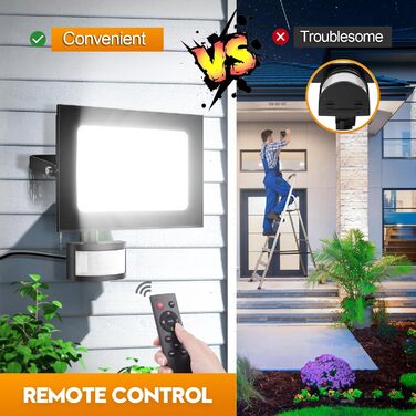 LED прожектори з датчиком руху та світла papasbox, 2 шт, 50W, 6500K, IP66, з пультом, для вулиці, саду, гаража, спортмайданчика