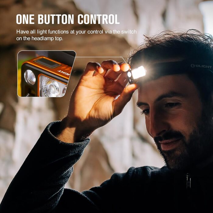Налобний ліхтар OLIGHT Array 2 Pro з LED, жестовим керуванням, 1500 лм, 150 м, USB-C, акумуляторний, 3 режими світла, червоне світло, 60° регулювання, SOS, помаранчевий