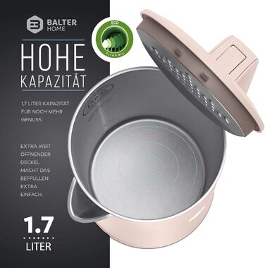 Електрочайник Balter WK-4 з нержавіючої сталі, 1,7 л, подвійна стінка, BPA Free, LED-підсвітка, компактний, тихий, чорний/рожевий