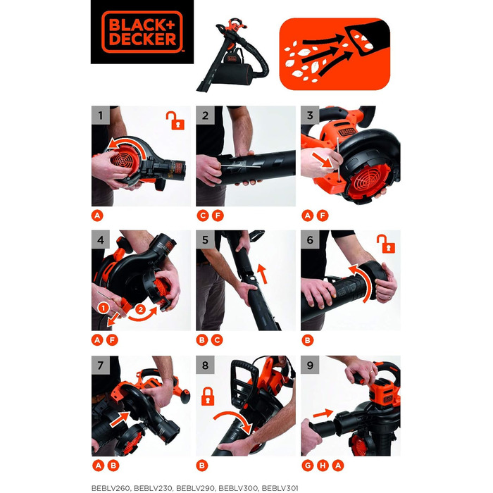 Електричний садовий пилосос-видувка Black+Decker BEBLV301, 3-в-1, 3000 Вт, з подрібнювачем і рюкзаком-мішком 72 л, регульована потужність, висока швидкість повітря