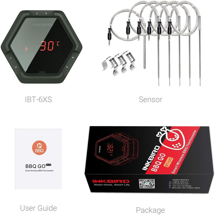 Bluetooth термометр Inkbird IBT-6XS з 6 датчиками, магнітний, для грилю, барбекю, коптильні, кухні, сумісний з iPhone та Android, чорний