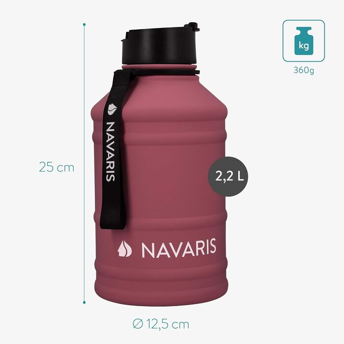 Navaris Фітнес пляшка для води 2,2 л з нержавіючої сталі, спорт пляшка XXL для тренувань, BPA Free, бордова