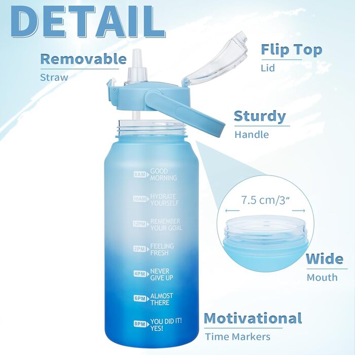 Спортивна пляшка для води 2л Tritan з трубочкою та часовою розміткою, BPA-free, мотиваційна, для фітнесу, спортзалу, туризму