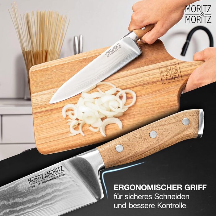 Професійний кухонний ніж Moritz & Moritz 20 см з дамаської сталі 67 шарів, японський шеф-ніж, гострий, ергономічна ручка з акації