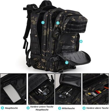 Тактичний рюкзак 45 л для подорожей, військовий рюкзак для outdoor, туристичний рюкзак з липучкою, Bundeswehr, для пригод (світло-чорний)