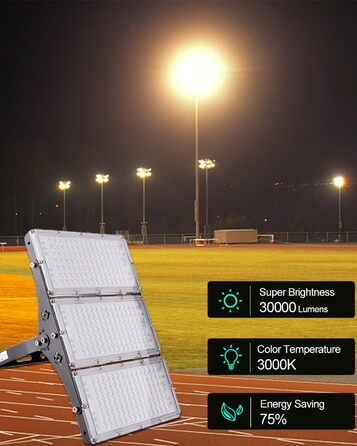 LED прожектор 300W 30000Лм, тепле біле світло 3000K, IP65, вуличний водонепроникний ліхтар для саду, тераси, гаража, спортмайданчика, фабрики, майстерні
