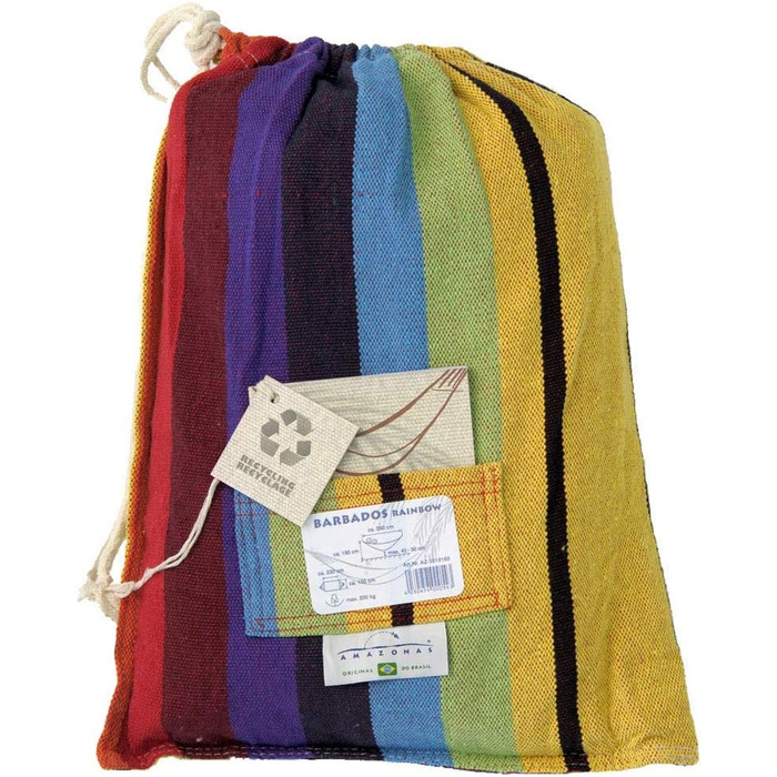 Гамак AMAZONAS XL Barbados Rainbow, ручна робота, Бразилія, до 200 кг, 230x150 см, для 1-2 осіб, різнокольоровий, довжина 340 см