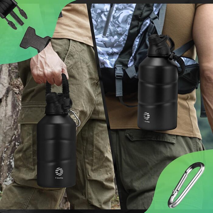 Термос Fjbottle 1900 мл з нержавіючої сталі, магнітна кришка, подвійні стінки, BPA Free, для води, газованих напоїв, спорт, фітнес, кемпінг, чорний