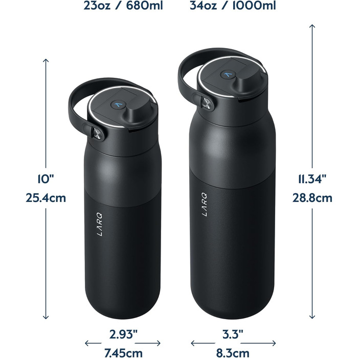 LARQ Bottle PureVis 2 680 мл – Самоочищувальна пляшка для води з UV-C LED та додатком для контролю рідини, подвійна ізоляція, нержавіюча сталь, багаторазова, 2 роки гарантії, Obsidian Black