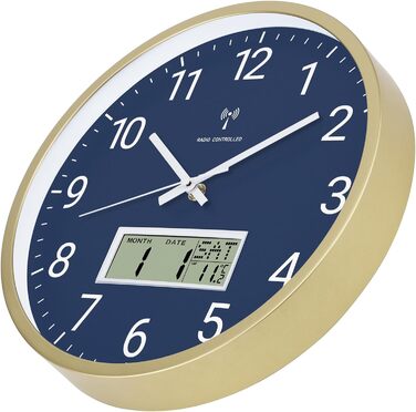 Стіна годинник Foxtop радіокерований, аналоговий, 30 см, з LCD-дисплеєм температури та дати, для кухні та вітальні, сріблястий, синя підсвітка
