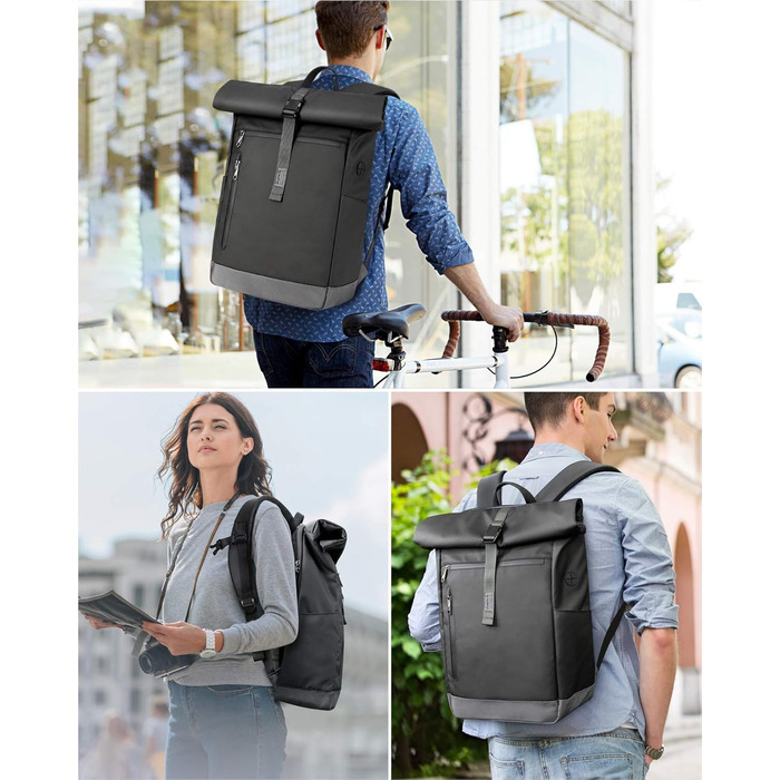 Рюкзак Inateck RollTop 25-30 л чорний, для чоловіків і жінок, міський, велосипедний, шкільний, для університету, роботи, спорту та подорожей, з відділенням для ноутбука 17