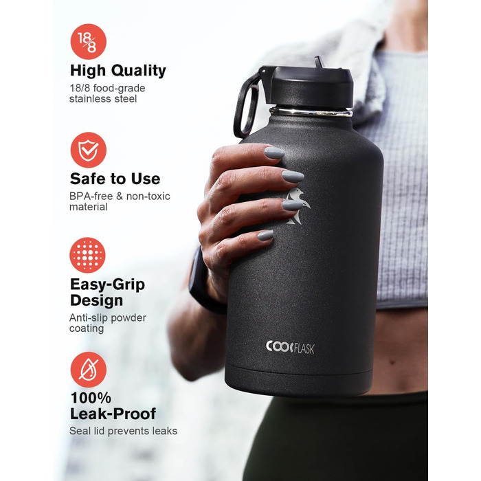 Термос пляшка для води Coolflask 2 л з трубочкою та 3 кришками, ізольована сталева спортивна пляшка з подвійною вакуумною ізоляцією, не протікає, чорна для спорту та офісу