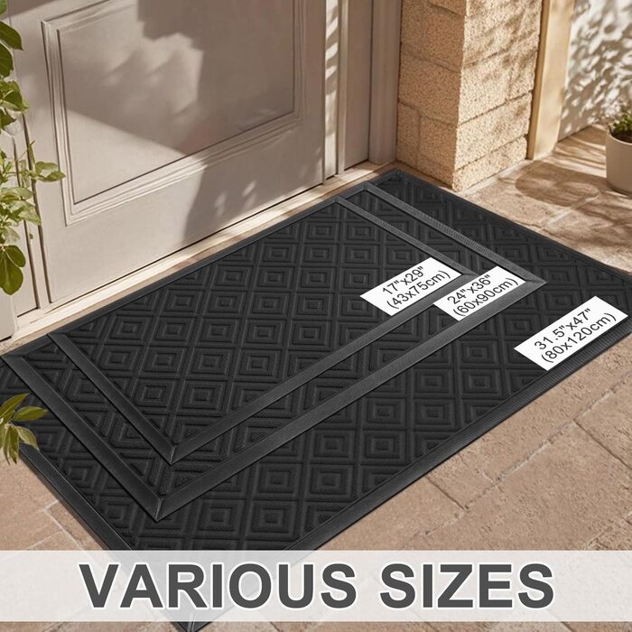 Килимок для взуття LEKEEPGO 60x90 см, чорний, гумовий, протиковзкий, для вулиці та дому, з дренажем, праний, для вхідних дверей