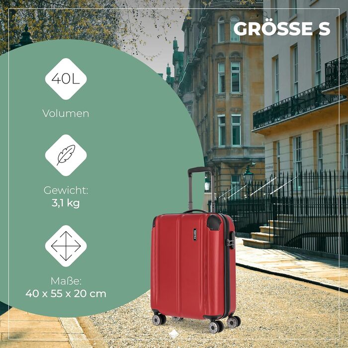 Дорожній валізний чемодан Travelite City 55 см, 40-45 л, жорсткий корпус, 4 колеса, для ручної поклажі, з розширенням і функцією насадки, червоний, захист від подряпин
