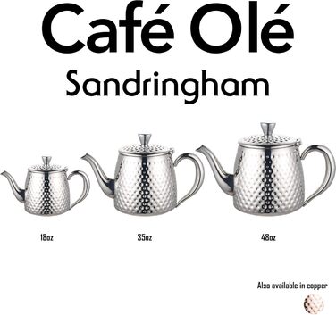 Чайник Café Olé Sandringham із нержавіючої сталі 18/10, 0.5 л, глянцевий, з хаммер-ефектом, не капає, порожнисті ручки