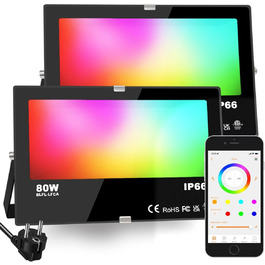 iLC RGB LED прожектор 80 Вт, 16 млн кольорів, таймер, тепле біле світло 2700K, IP66, для вулиці та приміщень, 2 шт.