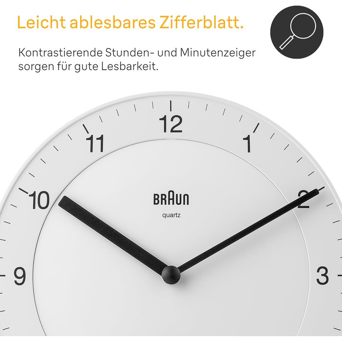 Настінний годинник Braun BC06W, класичний, аналоговий, кварцовий механізм, тихий хід, білий циферблат, 20 см