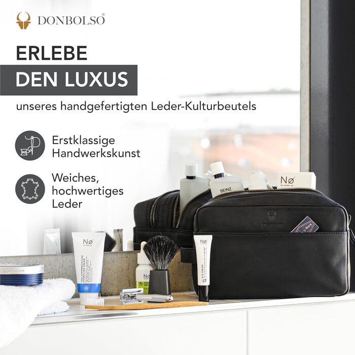 Шкіряна косметичка DONBOLSO Stockholm, преміум-органайзер для подорожей, чорна вінтажна, 25x13x15 см, для жінок і чоловіків, з багатьма відділеннями