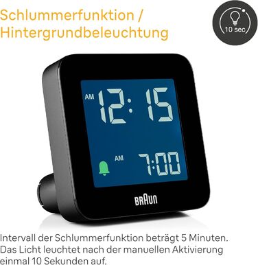 Цифровий будильник Braun BC09B з функцією сну, негативним LCD-дисплеєм, швидким налаштуванням і наростаючим сигналом, чорний