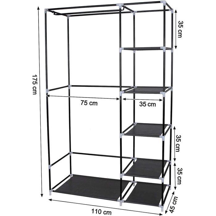 Тканинна шафа SONGMICS XL з вішалкою, складана, для одягу, 110x175x45 см, чорна, LSF007, органайзер для зберігання, кемпінг