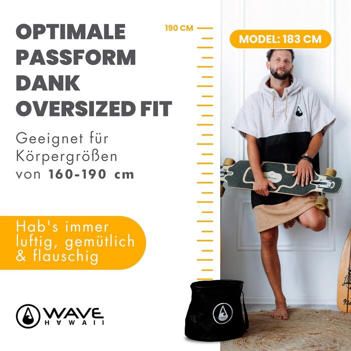Пончо для пляжу WAVE HAWAII, махрове, для дорослих, унісекс, розмір M (160-190 см), 95% бавовна, високий рівень водопоглинання, зручне для переодягання, серф-пончо для жінок і чоловіків
