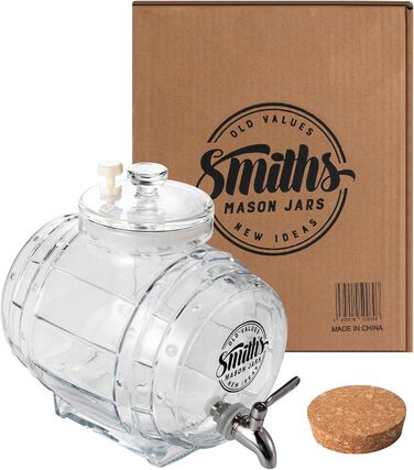 Диспенсер для води Smiths Mason Jars 5 л зі сталевим краном і скляною кришкою — для холодильника, для напоїв, інфузованої води та соків, металевий кран, компактний дизайн
