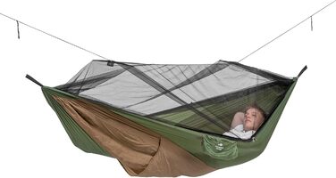 Ультралегка туристична гамак AMAZONAS Adventure Moskito Thermo 470г з москітною сіткою, кишенею для килимка, просоченням від комах, 275x140 см, до 150 кг, зелено-коричневий