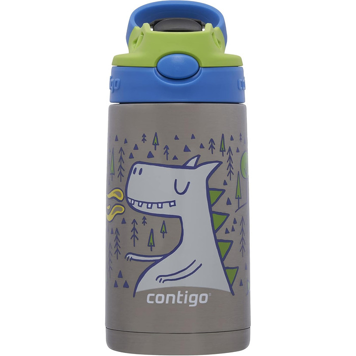 Дитяча пляшка для води Contigo Easy Clean Autospout з трубочкою, нержавіюча сталь, без BPA, 100% герметична, легке очищення, 420 мл, для школи, садка, спорту (Matcha Dragon)