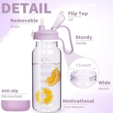 DEARRAY Скляна пляшка для води 1,5 л з соломинкою та часовою міткою, мотиваційна, без BPA, герметична, із силіконовим чохлом, прозора (світло-фіолетова)
