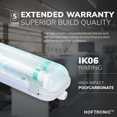 HOFTRONIC LED світильник для вологих приміщень 150 см, 60 Вт, 10500 лм, холодне біле світло 6000K, без мерехтіння, з'єднуваний, IP65, T8, подвійний, для гаража, підвалу, офісу