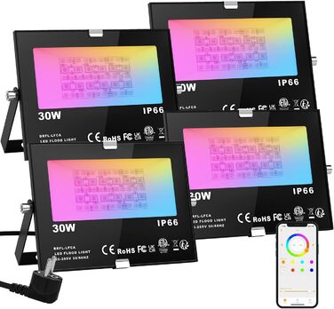 Розумний RGB LED прожектор ChangM 30W, 4 шт, Bluetooth, 16 млн кольорів, IP66, вуличний водонепроникний світильник для саду та підсвічування атмосфери
