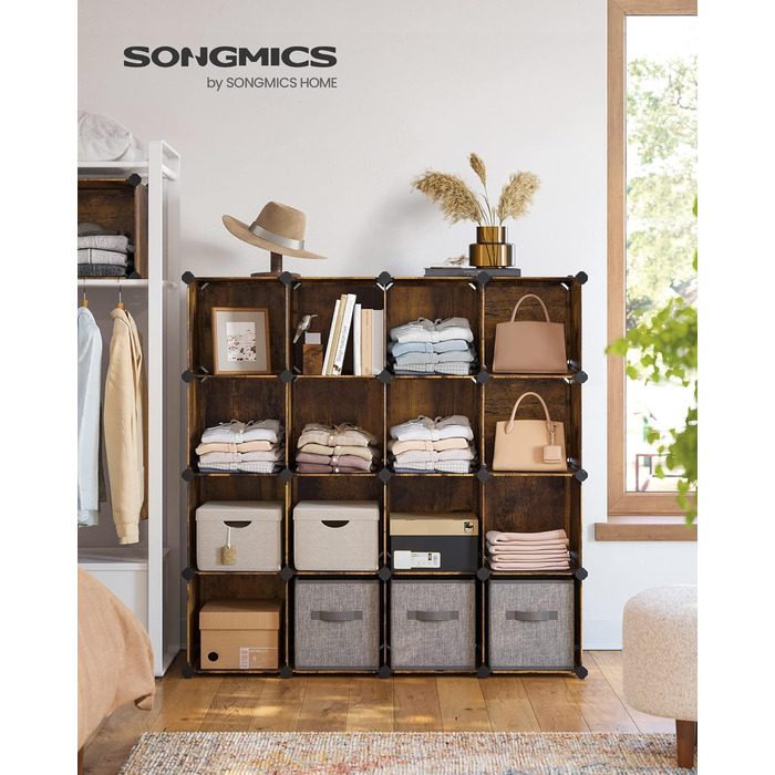 SONGMICS модульний стелаж для взуття, 16 кубів, пластиковий, для передпокою, спальні чи офісу, 31x123x123 см, вінтажно-коричневий