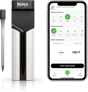 Бездротовий цифровий термометр для м'яса Ninja ProChef, зонд для приготування всередині та на відкритому повітрі, Bluetooth 50 м, автономність 30 годин, підключення до додатку, водонепроникний, термостійкий
